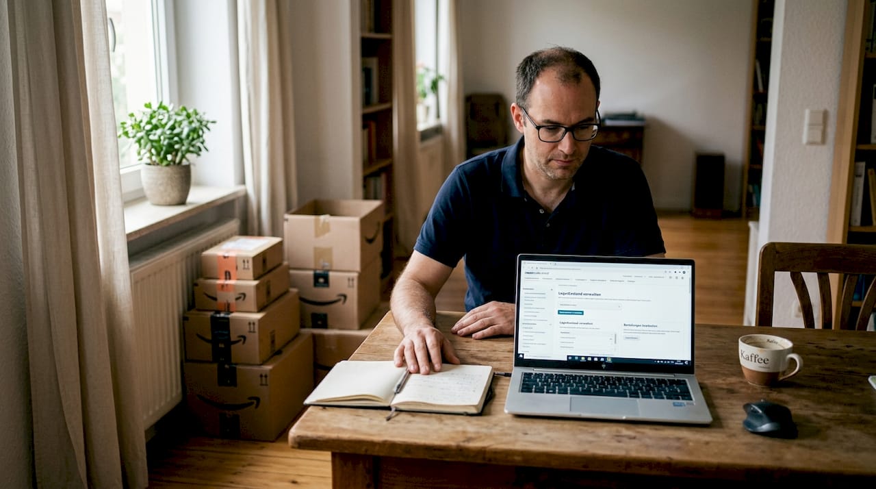 Unternehmerin, die ihre Amazon-Verkäufe bequem von zu Hause aus steuert