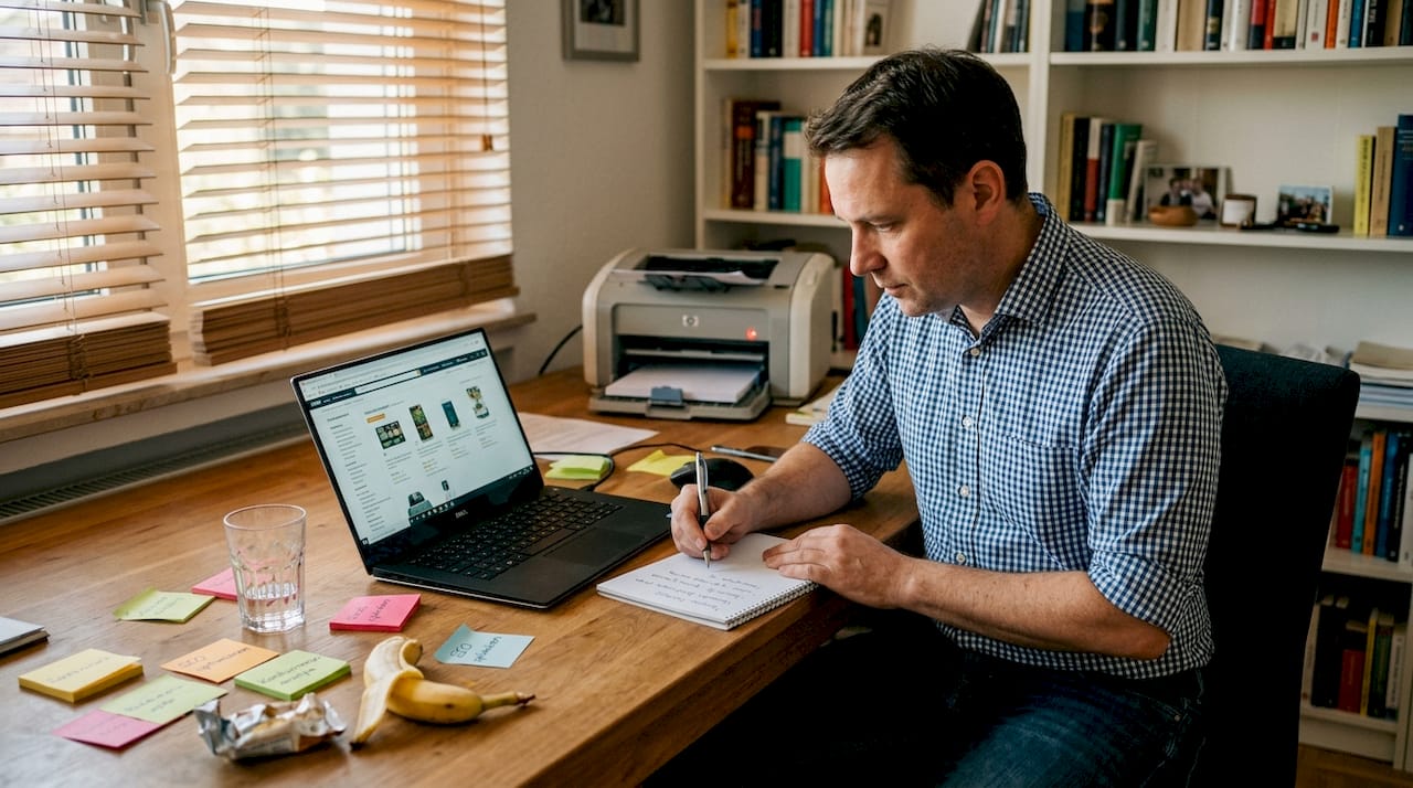 Eine Führungskraft prüft und optimiert im Homeoffice die Produktangebote auf Amazon.