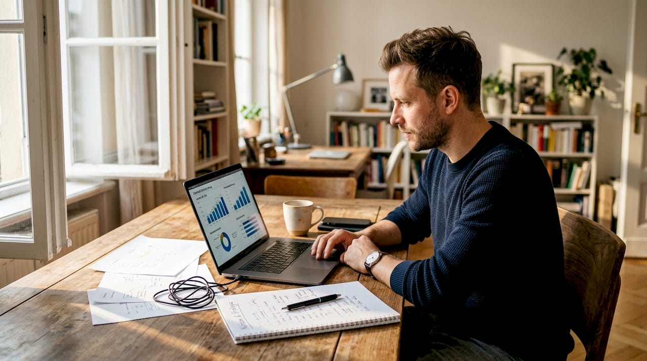 Ein Mann wertet am Schreibtisch die Daten aus einer Amazon-Kategorie aus.
