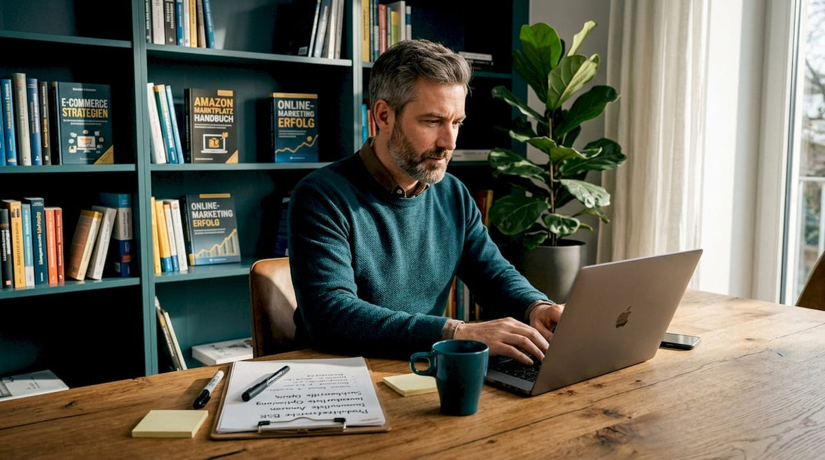 Ein Mann sitzt hochkonzentriert an seinem Schreibtisch im Homeoffice und arbeitet fokussiert an seinen Aufgaben.