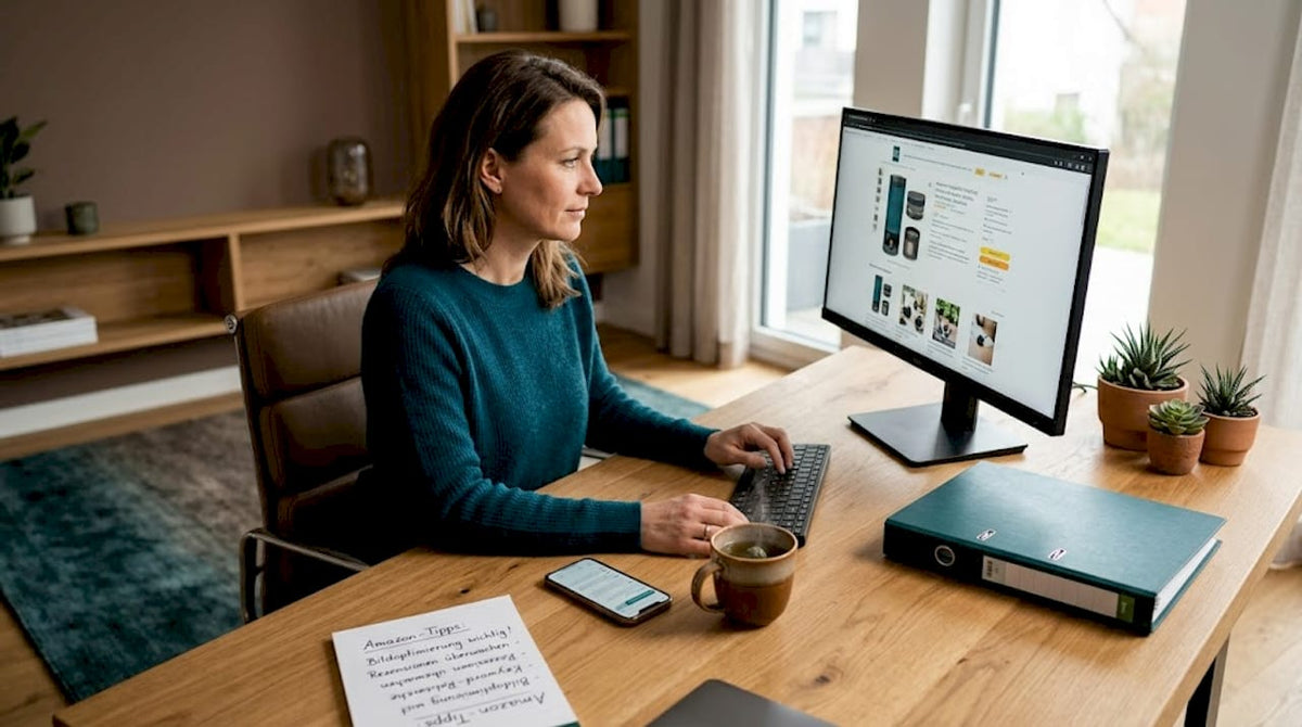Eine Frau überprüft im Homeoffice die Produktbilder für Amazon.