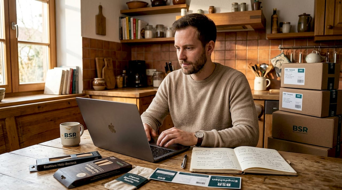 Ein Amazon-Händler sitzt mit seinem Laptop am Küchentisch und arbeitet an seinem Online-Shop.