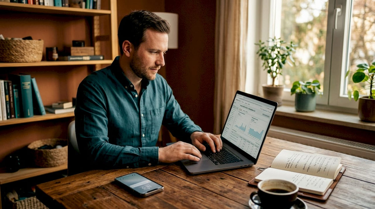 Ein Amazon-Händler wertet Verkaufszahlen und Statistiken am Laptop aus.