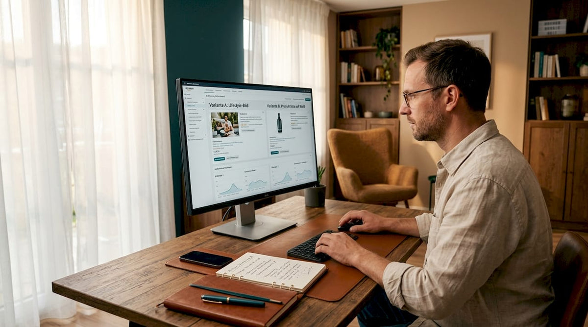 Ein Amazon-Händler testet in seinem Homeoffice verschiedene Produktbilder, um herauszufinden, welche Variante bei den Kunden am besten ankommt.