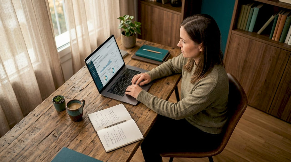 Eine Frau analysiert Produktdaten an ihrem Schreibtisch im Homeoffice.