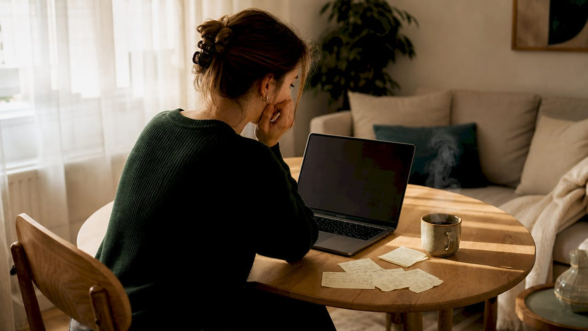 Eine Frau betrachtet im Homeoffice aufmerksam die Details einer Produktseite auf ihrem Bildschirm.