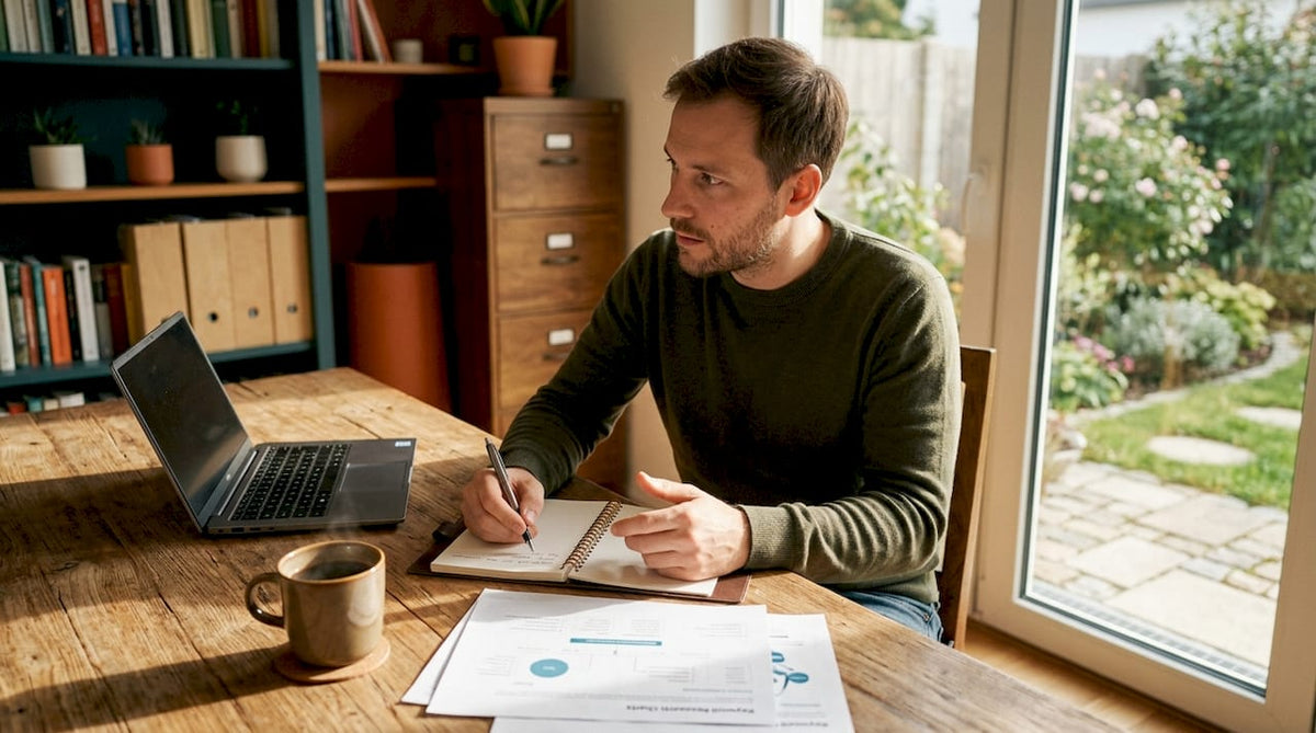 Ein Amazon-Händler sitzt am Schreibtisch und feilt an der perfekten Produktpräsentation, um sein FBA-Ranking zu verbessern.