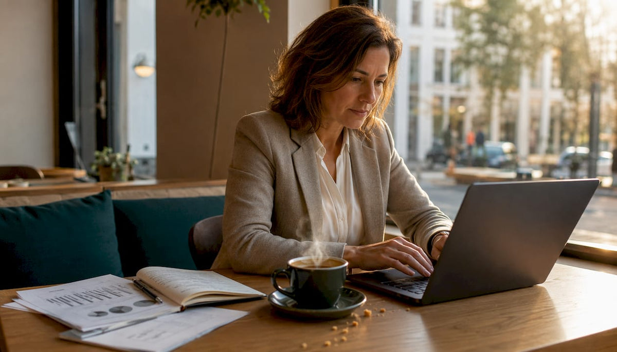 Ein Amazon-Händler arbeitet gemütlich von zu Hause aus am Laptop.