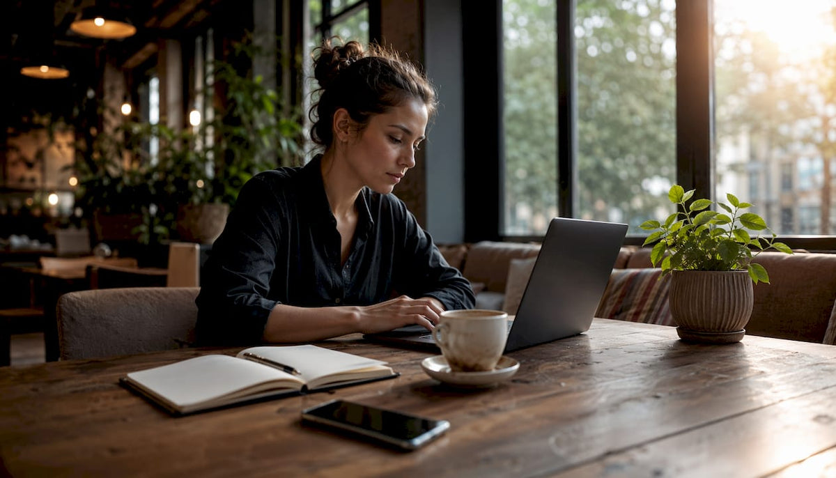 Eine junge Frau prüft am Laptop im Coworking-Space die aktuellen Produktdaten.