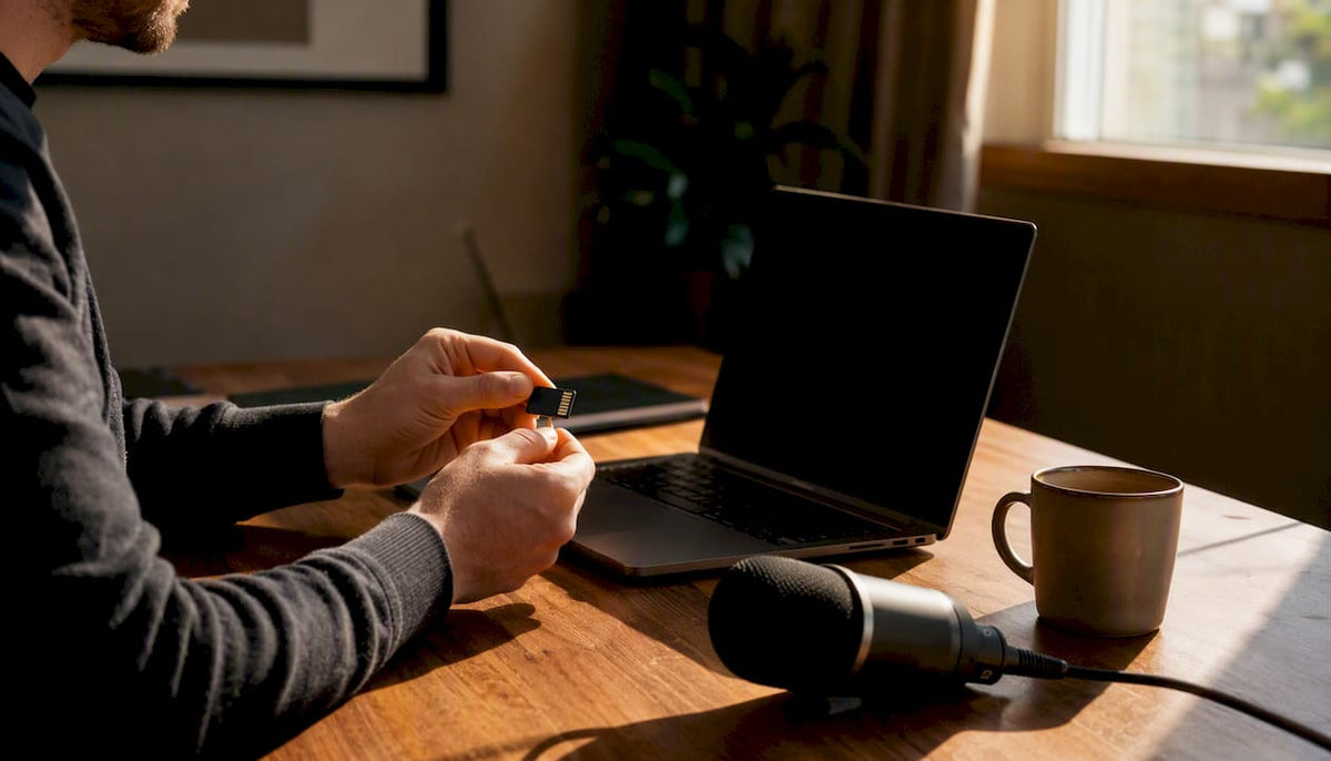 Hände bereiten das Hochladen eines Vorschaubilds am Laptop vor